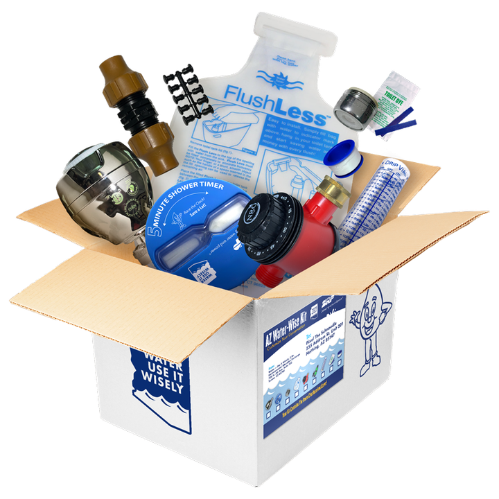 An open AZ Water-Wise Kit box showing the water-saving items inside